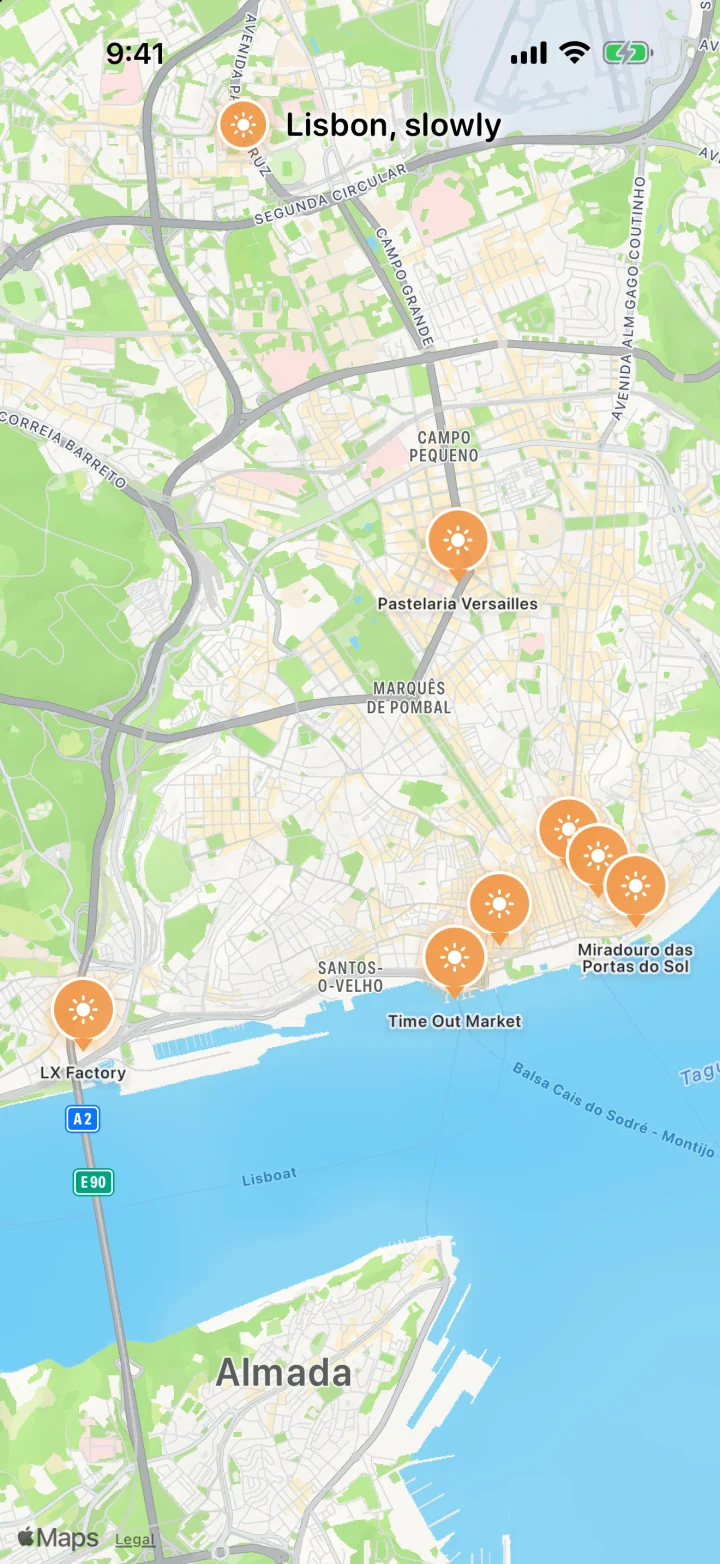 「リスボンを、ゆっくり」の7か所をオレンジのピンで示した、リスボンの地図。