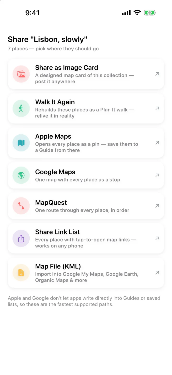 The Share sheet for “Lisbon, slowly” with image card, Walk It Again, maps, link list and KML options.