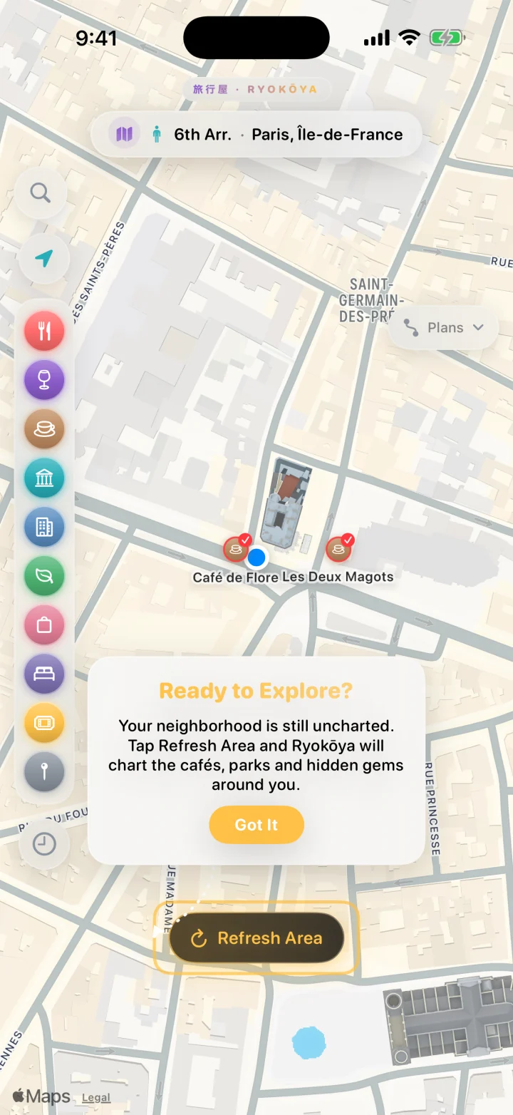 Explore on a first visit over Saint-Germain-des-Prés, Paris, with the “Ready to Explore?” tip pointing at Refresh Area.