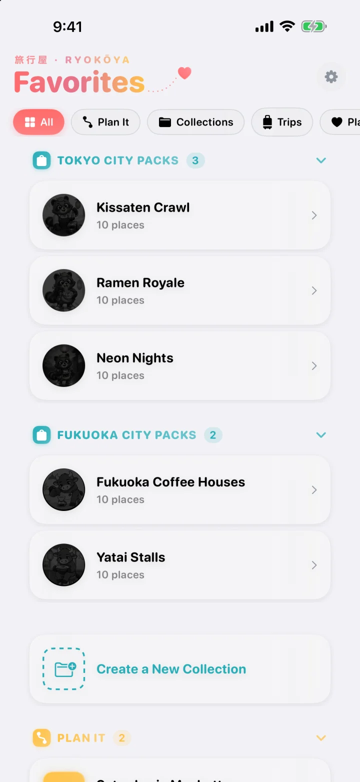 Favorites with its filter chips, Tokyo and Fukuoka City Pack collections, and saved places.