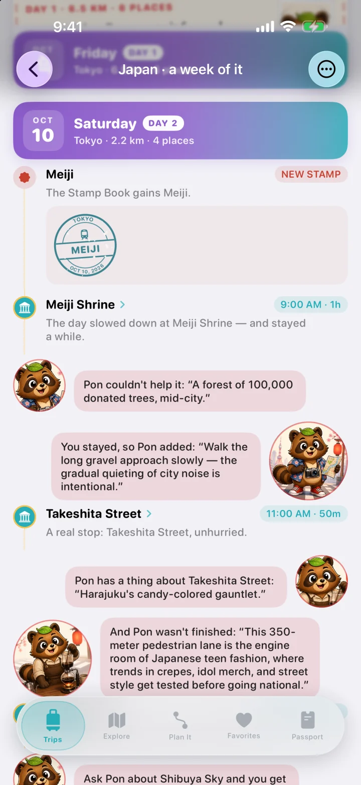 The journal for Day 2 in Tokyo: Meiji Shrine with its new stamp, Takeshita Street, and Pon’s speech bubbles.