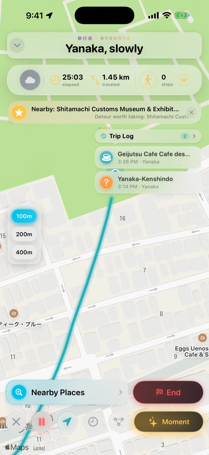 A live trip called “Yanaka, slowly” in Tokyo: 25 minutes and 1.45 km so far, the walked route on the map, two named stops in the Trip Log, and End and Moment below.