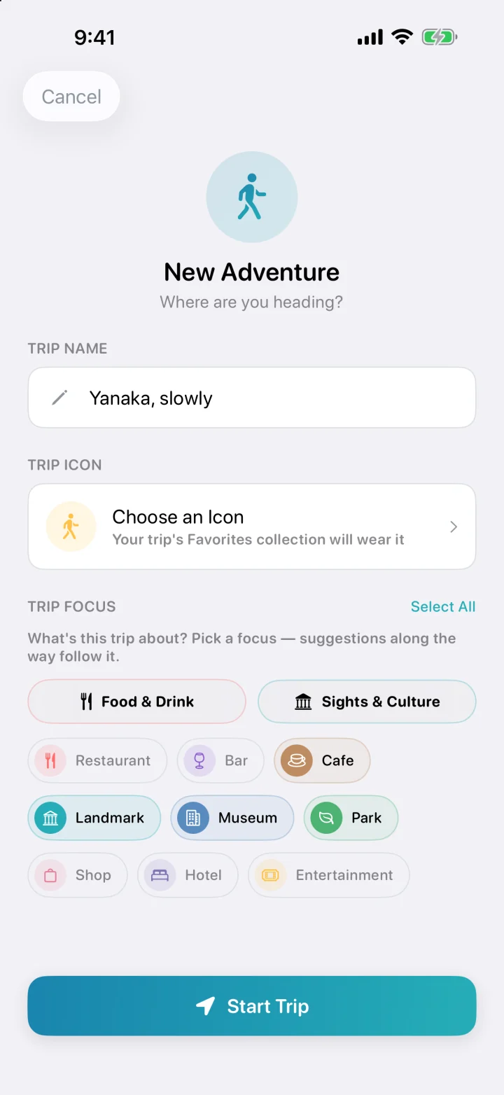 The New Trip sheet with the name “Yanaka, slowly,” an icon and trip-focus categories.