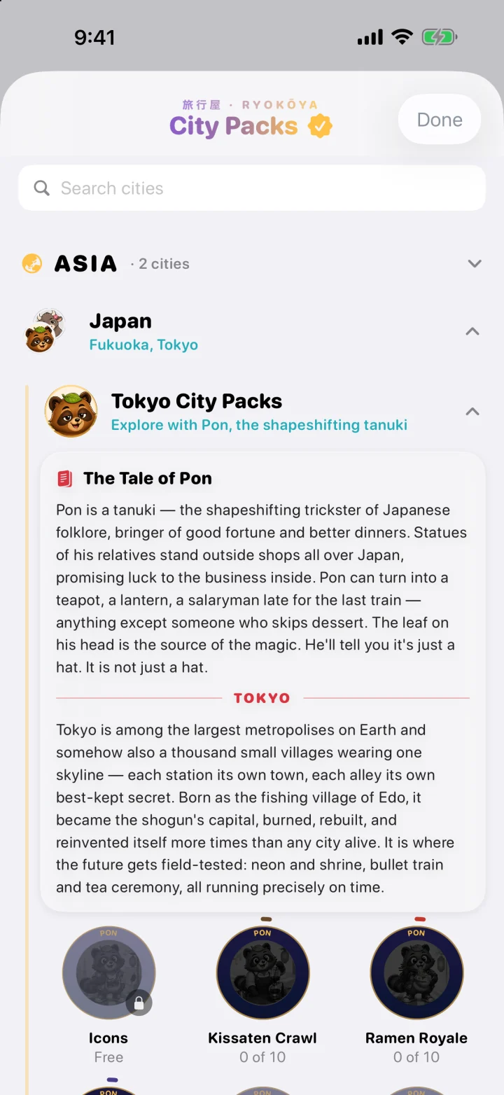 City Packs open on Tokyo: the Tale of Pon and the Icons, Kissaten Crawl and Ramen Royale packs.