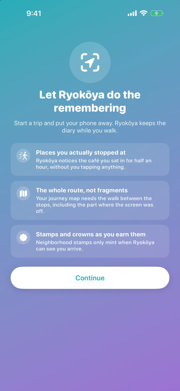 Ryokōya’s location introduction, “Let Ryokōya do the remembering,” shown before iOS asks for access.