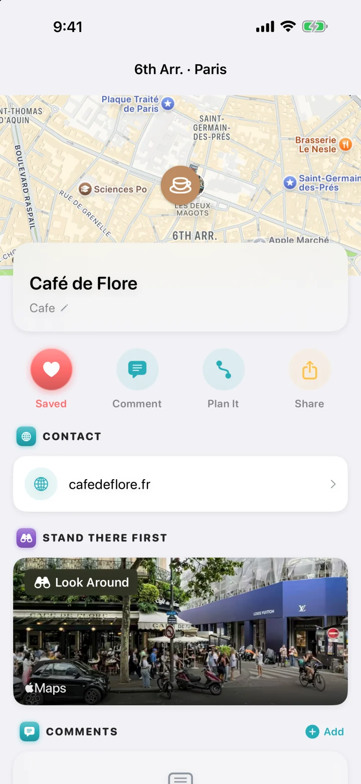 The place sheet for Café de Flore, saved, with its website and a street-level Look Around photo.