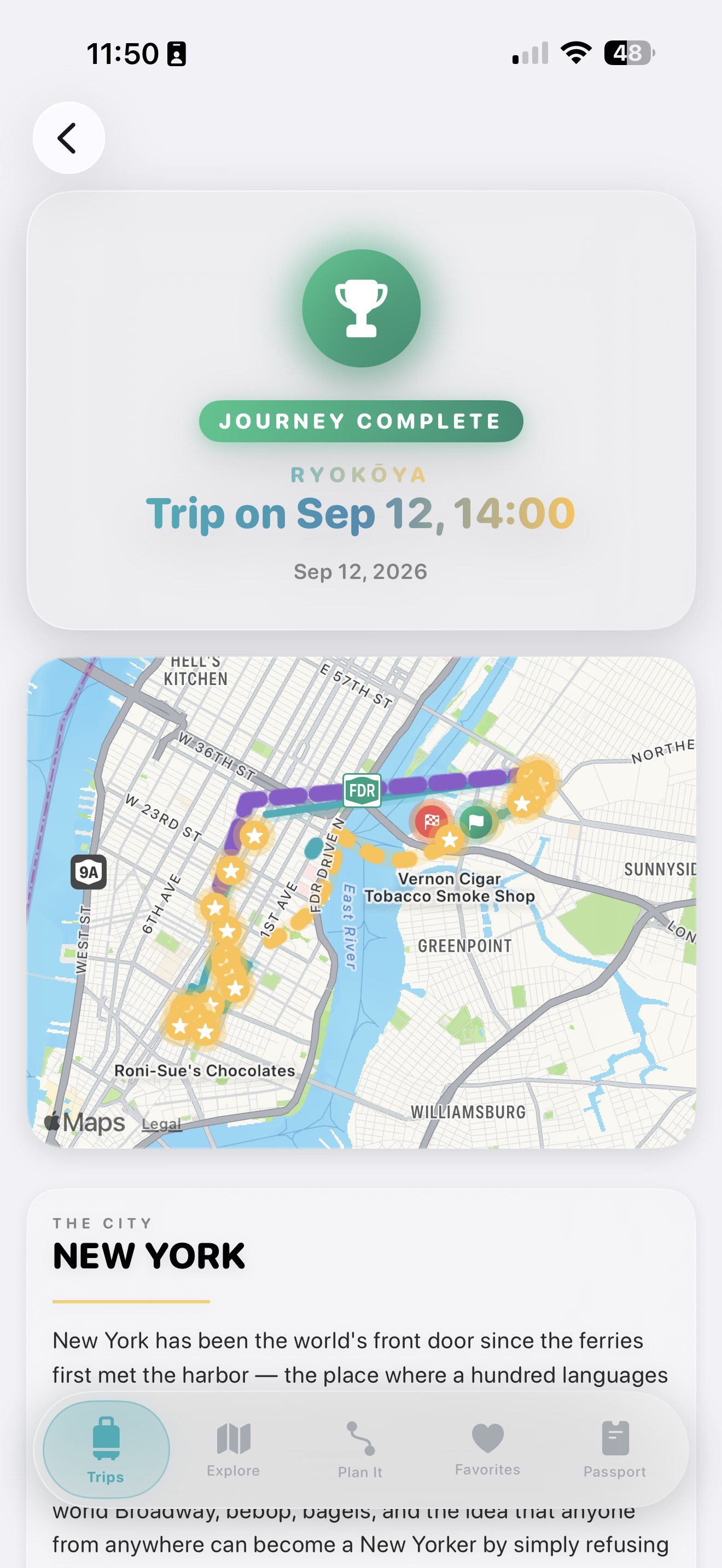 A completed Ryokōya trip on September 12, 2026: the final route and visited stops across New York, shown on an Apple Maps map.